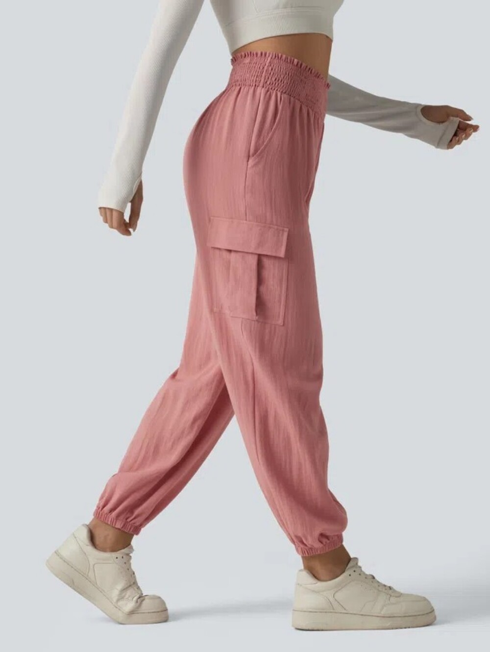 HALARA High Waisted Shirred Linen Casual Cargo Joggers Small Rosette Pink NWT